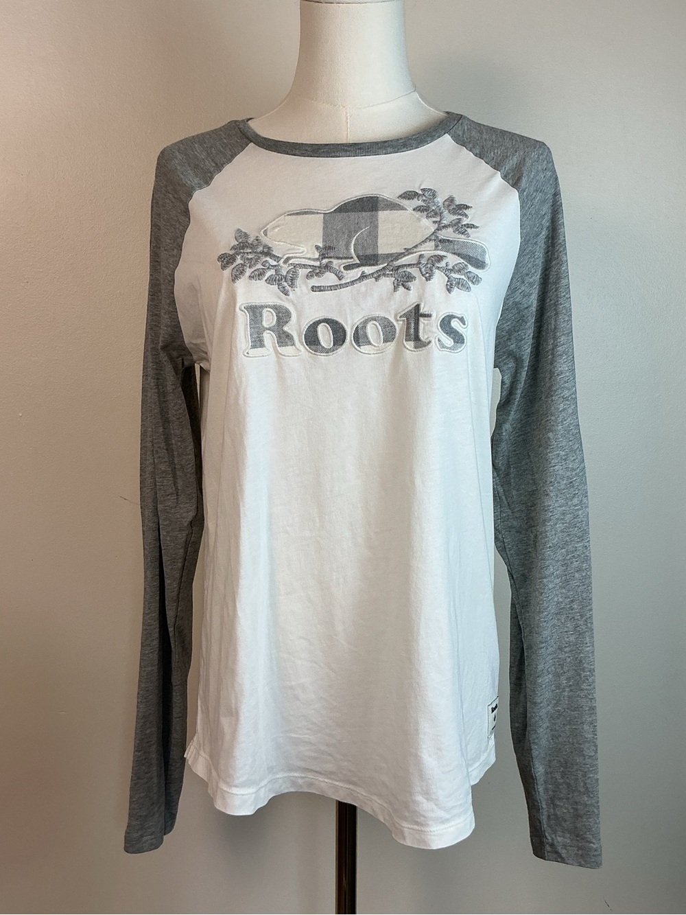 Roots White and Gray Raglan Long-Sleeve Tee